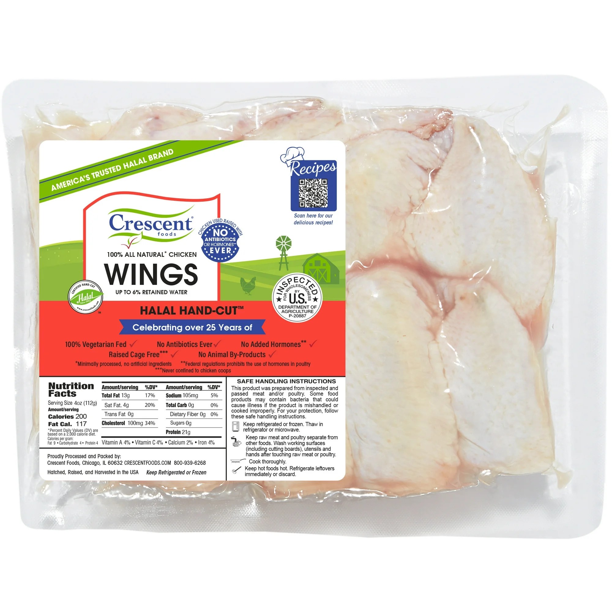 Crescent Foods Halal HandCut Fresh Chicken Wings, 20g Protein, 1.0 2
